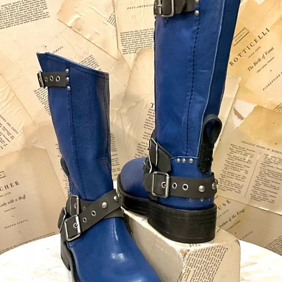 Free People We The Free Janey Engineer Boot Turkish Sea Blue Brown Trim - Picture 10 of 11